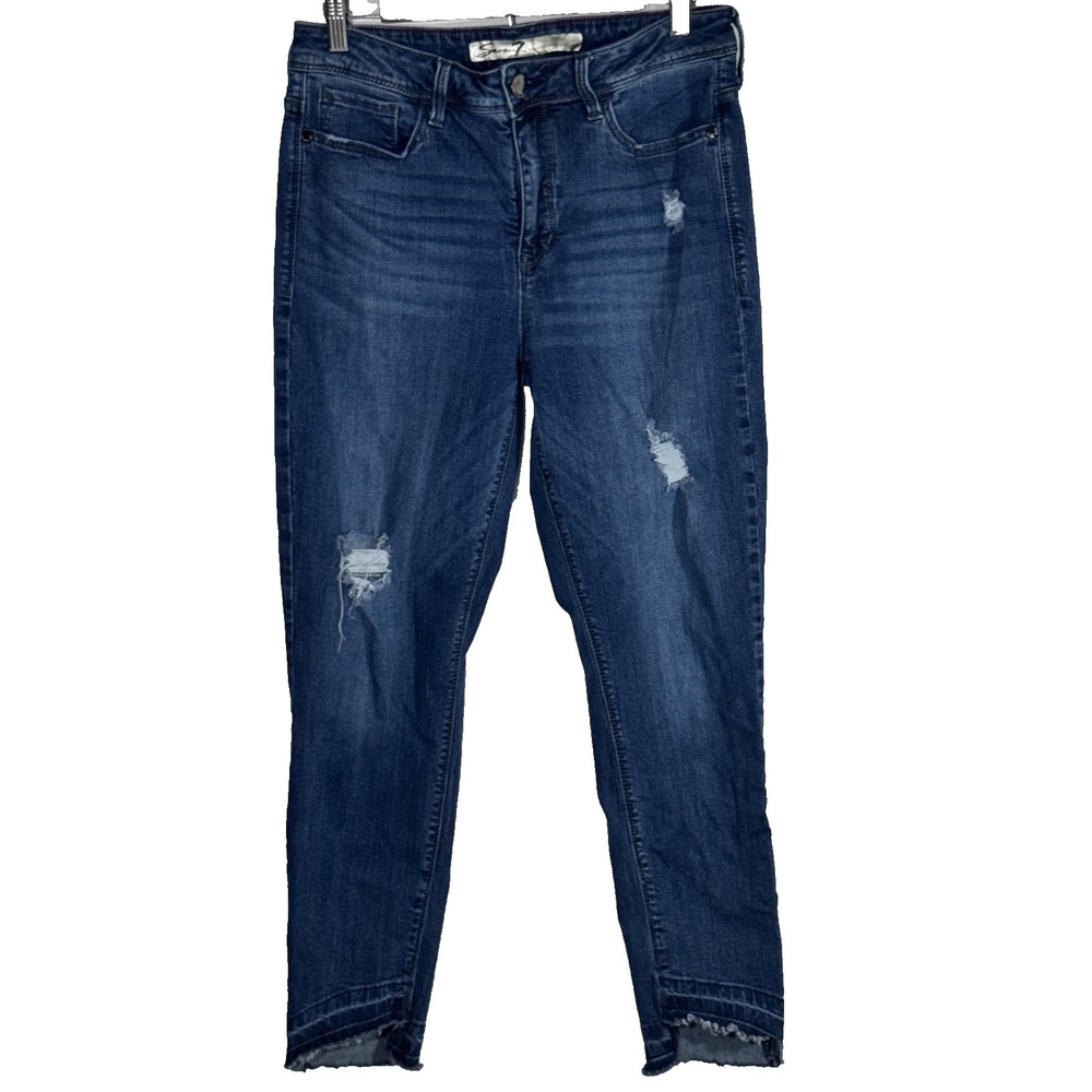 Seven7 High Rise Skinny Jeans Women 32x31 ( No Tags) Raw Hem Distressed Med Wash
